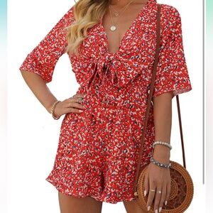 Red Floral Tie-Front Romper - XL